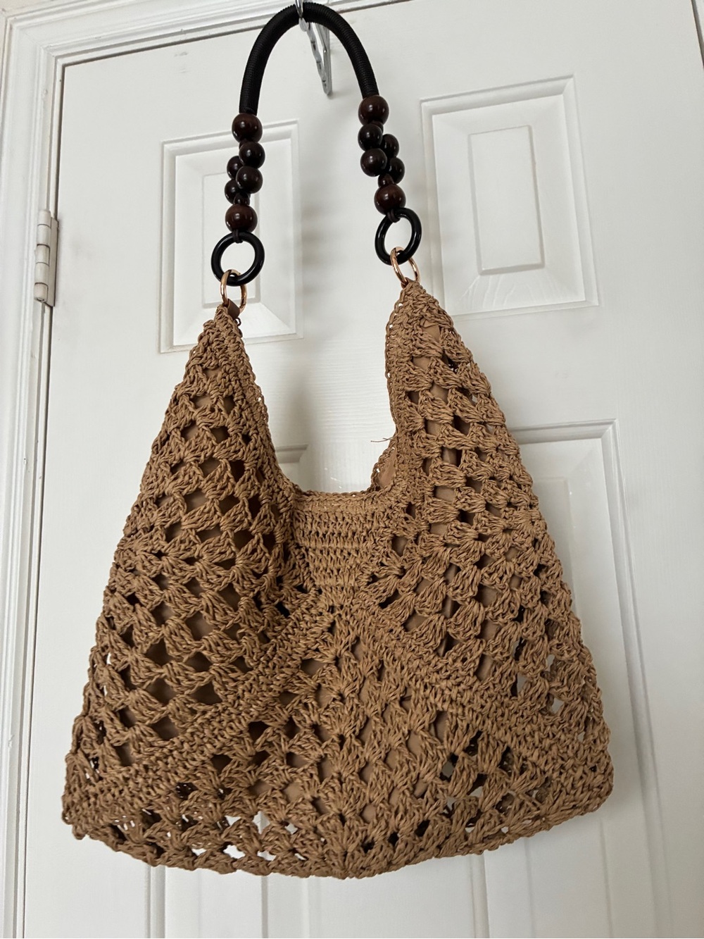 Woven Crochet Lined Hobo Bag with Bead Handle - Tan - Picture 1 of 5